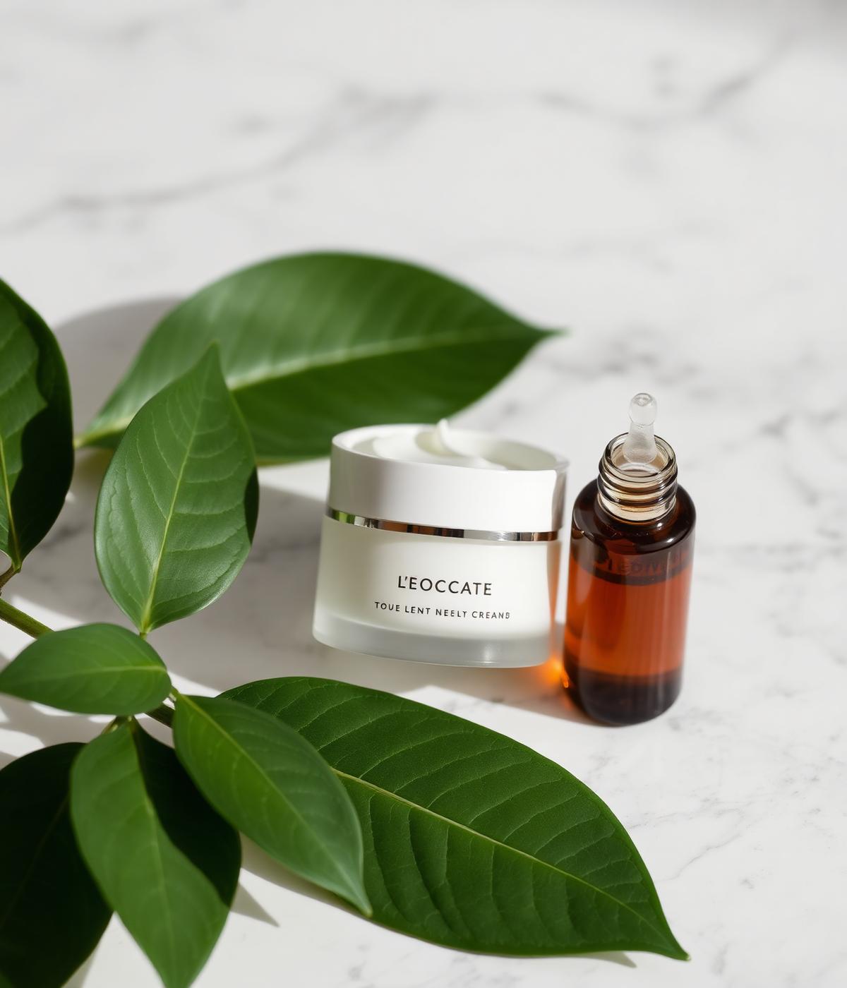 Producto cosmético premium con hojas verdes sobre superficie de mármol