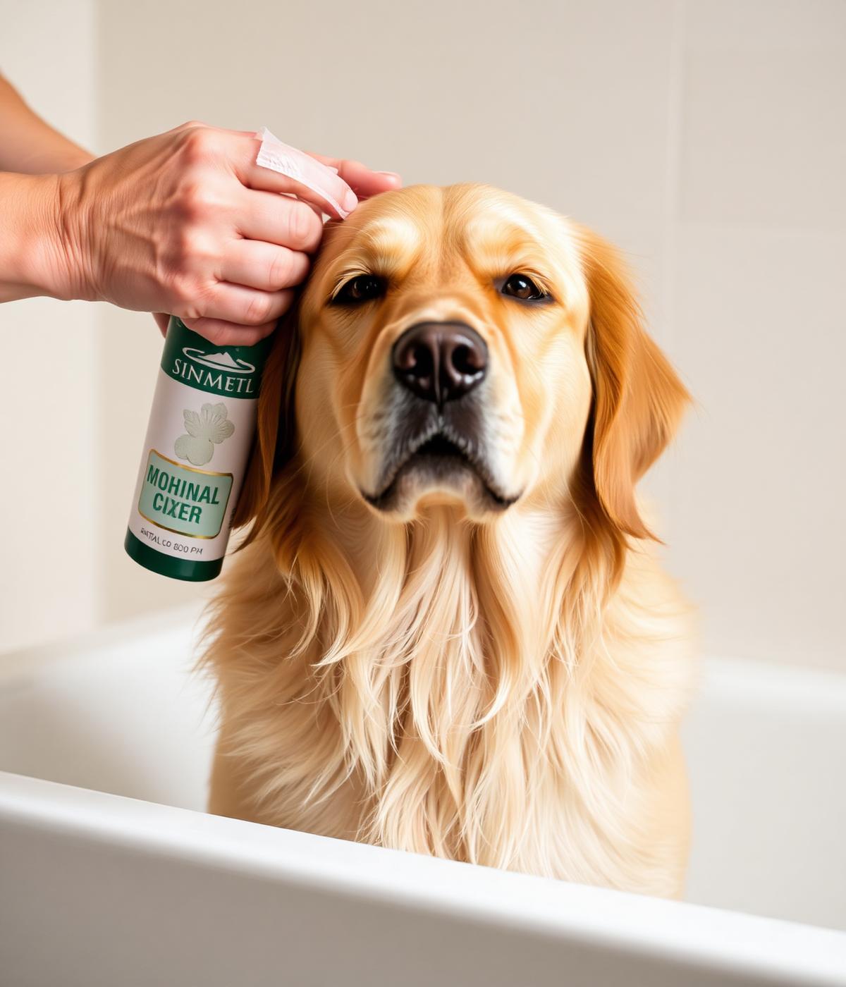 Aplicación de producto de higiene sobre un perro golden retriever