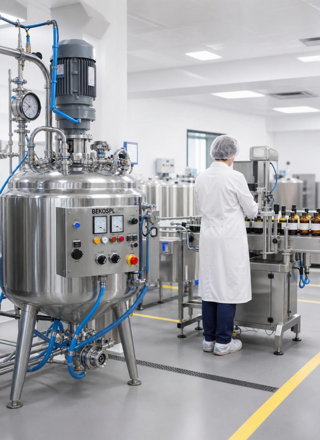 Sala de producción limpia de BEC S.A.S. con equipos de acero inoxidable y personal en vestimenta protectora